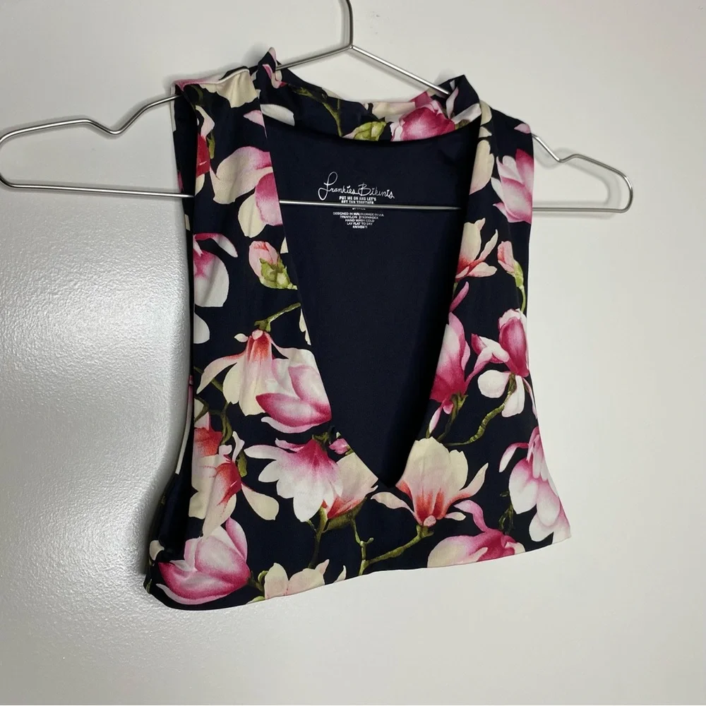 Frankie’s Bikinis Floral print black Bikini Deep V Top